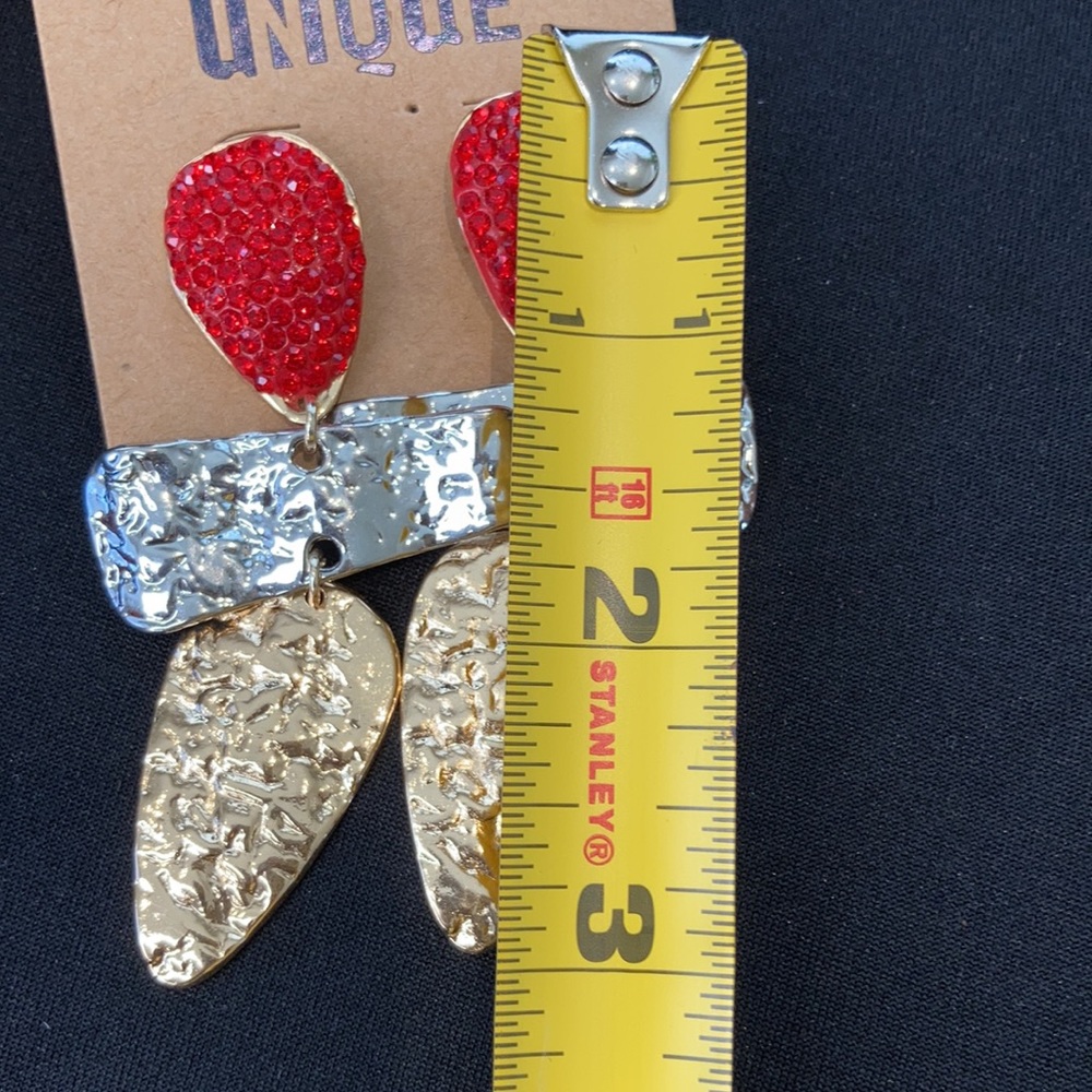 GOLD SILVER AND RUBY RED EARRINGS - Picture 2 of 2